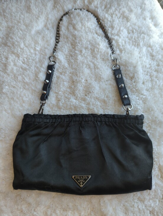 Prada Black Satin Pouch Authentic Converted To Shoulder Bag Edgy Silver Chain